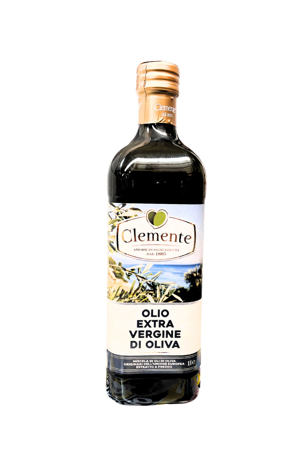 Olio extra vergine di oliva Clemente 1L qualità premium condimento cucina Olio extravergine d'oliva Essenza Pisterzi, prodotto in Italia con olive selezionate, ideale per cucinare o condire insalate."