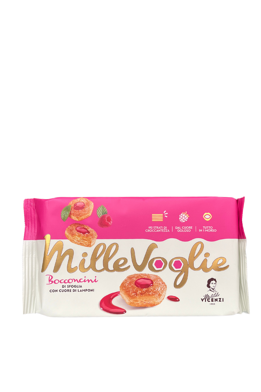 Confezione da 100g di Millevoglie MATILDE VICENZI, bocconcini di sfoglia con cuore di lamponi, dolcetti in incarto elegante con logo Vicenzi.