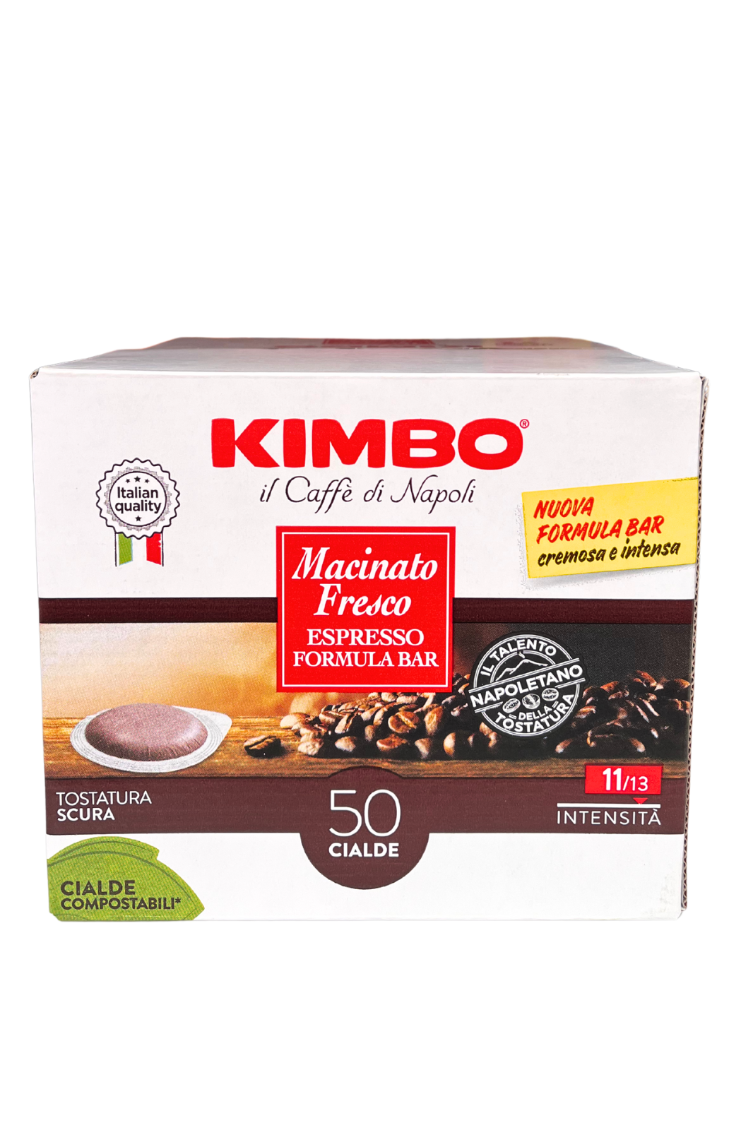 Confezione da 50 cialde KIMBO Il Caffè di Napoli, espresso macinato fresco in cialde compatibili, gusto intenso, stile bar.
