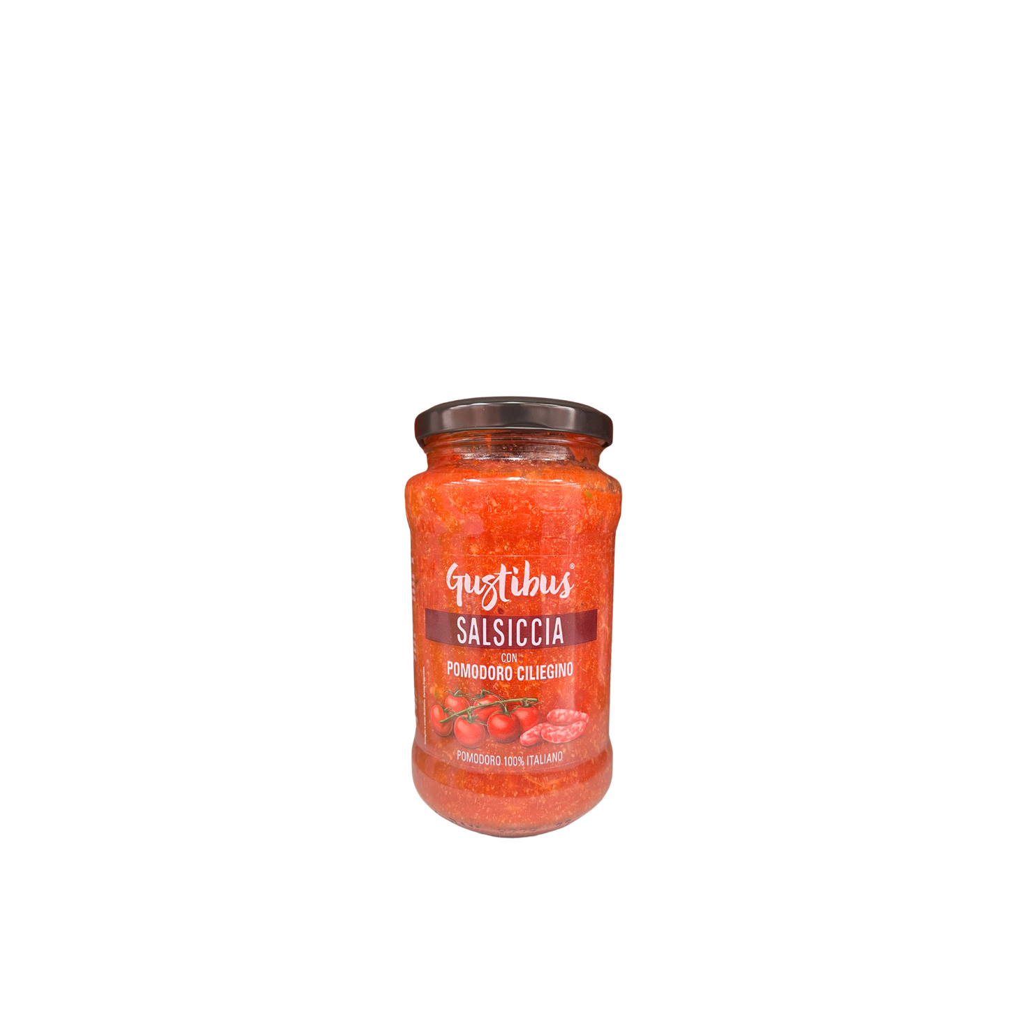 Barattolo da 400g di sugo Gustibus alla salsiccia con pomodoro ciliegino – disponibile su Essenza Pisterzi