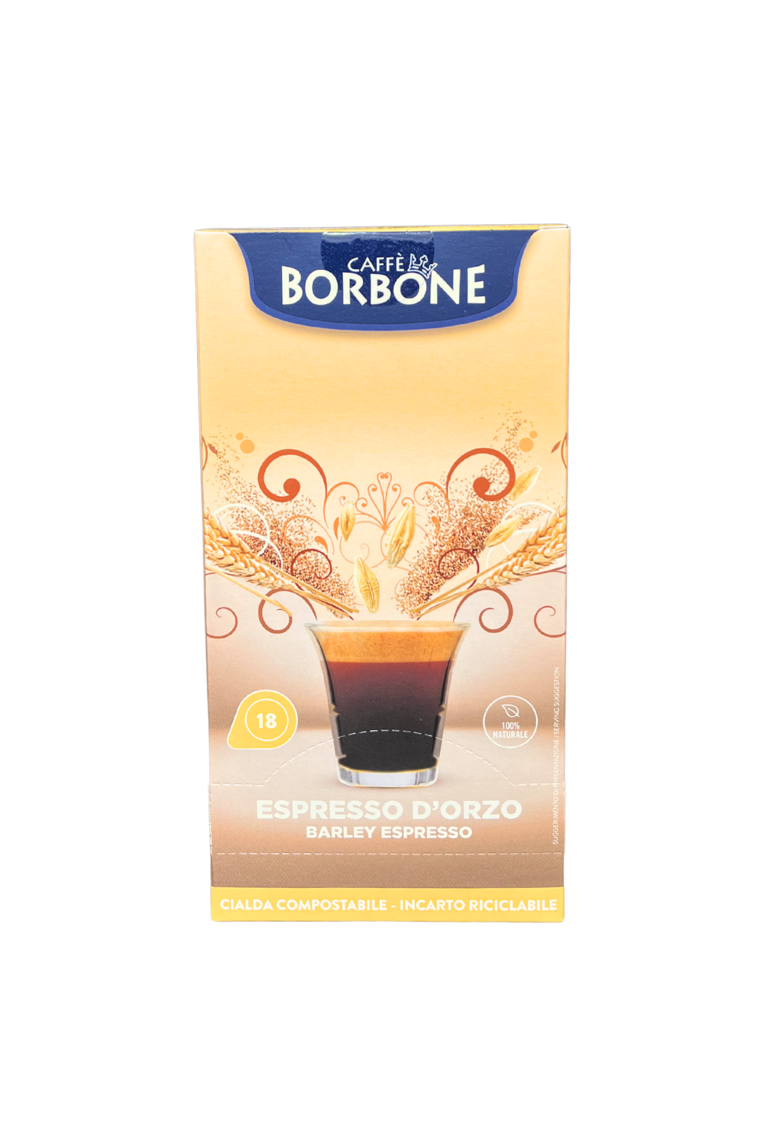 Confezione da 18 cialde BORBONE Espresso d’Orzo, compatibili con sistema ESE, incarto marrone, bevanda senza caffeina dal gusto tostato.