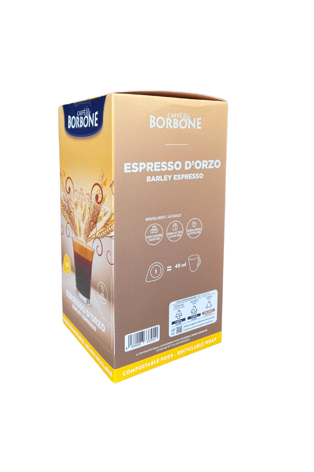 Confezione da 18 cialde BORBONE Espresso d’Orzo, compatibili , bevanda senza caffeina dal gusto tostato.