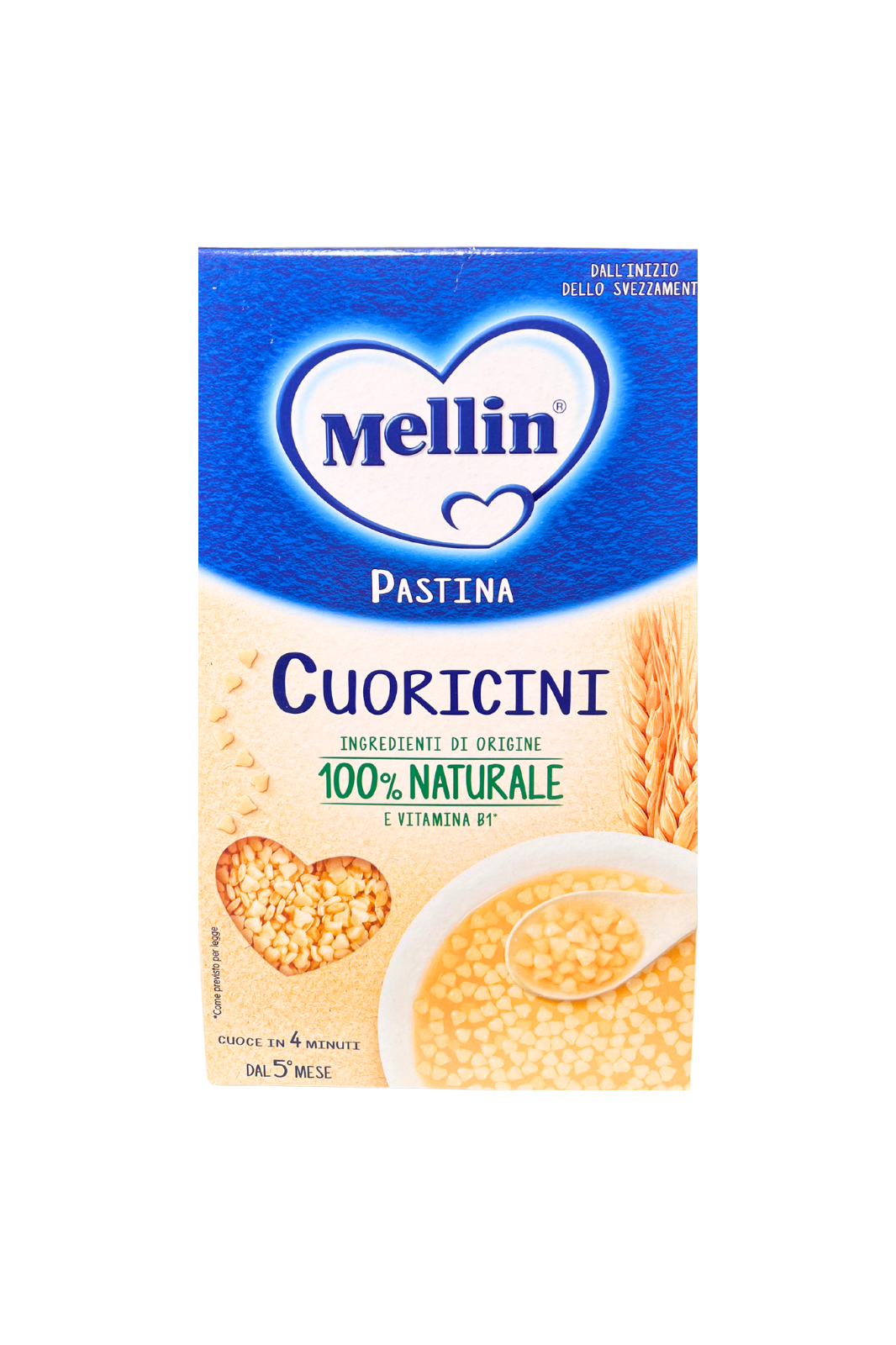 Confezione da 320g di MELLIN Cuoricini, pastina finissima per bambini dai primi mesi, ideale per lo svezzamento, scatola blu con logo Mellin.