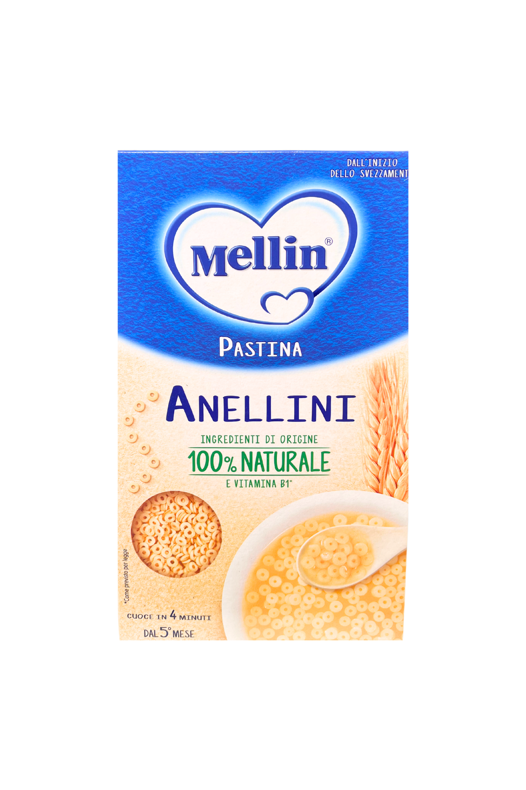 Confezione da 320g di MELLIN Anellini, pastina per neonati dai primi mesi, ideale per lo svezzamento, scatola blu con logo Mellin.