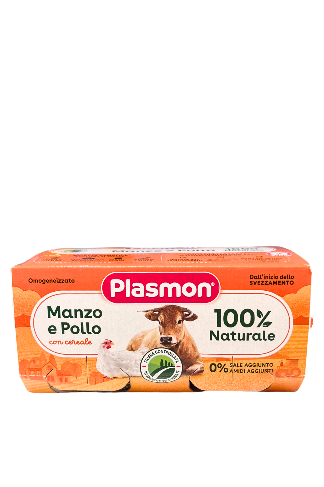 Confezione PLASMON da 2 vasetti (2x80g) di Omogeneizzato Pollo e Manzo con cereale, omogeneizzato per neonati, etichetta arancione.