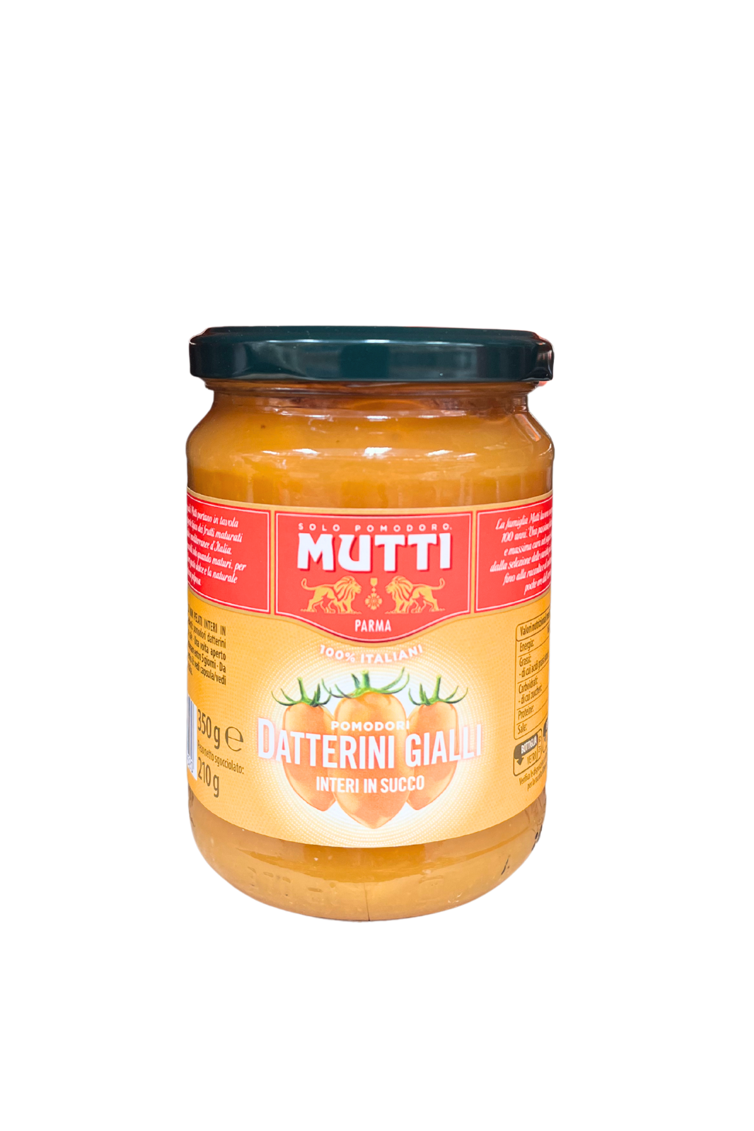 Barattolo di MUTTI Pomodorini Datterini Gialli interi in succo da 350 grammi, etichetta gialla, pomodori interi visibili nel vetro.