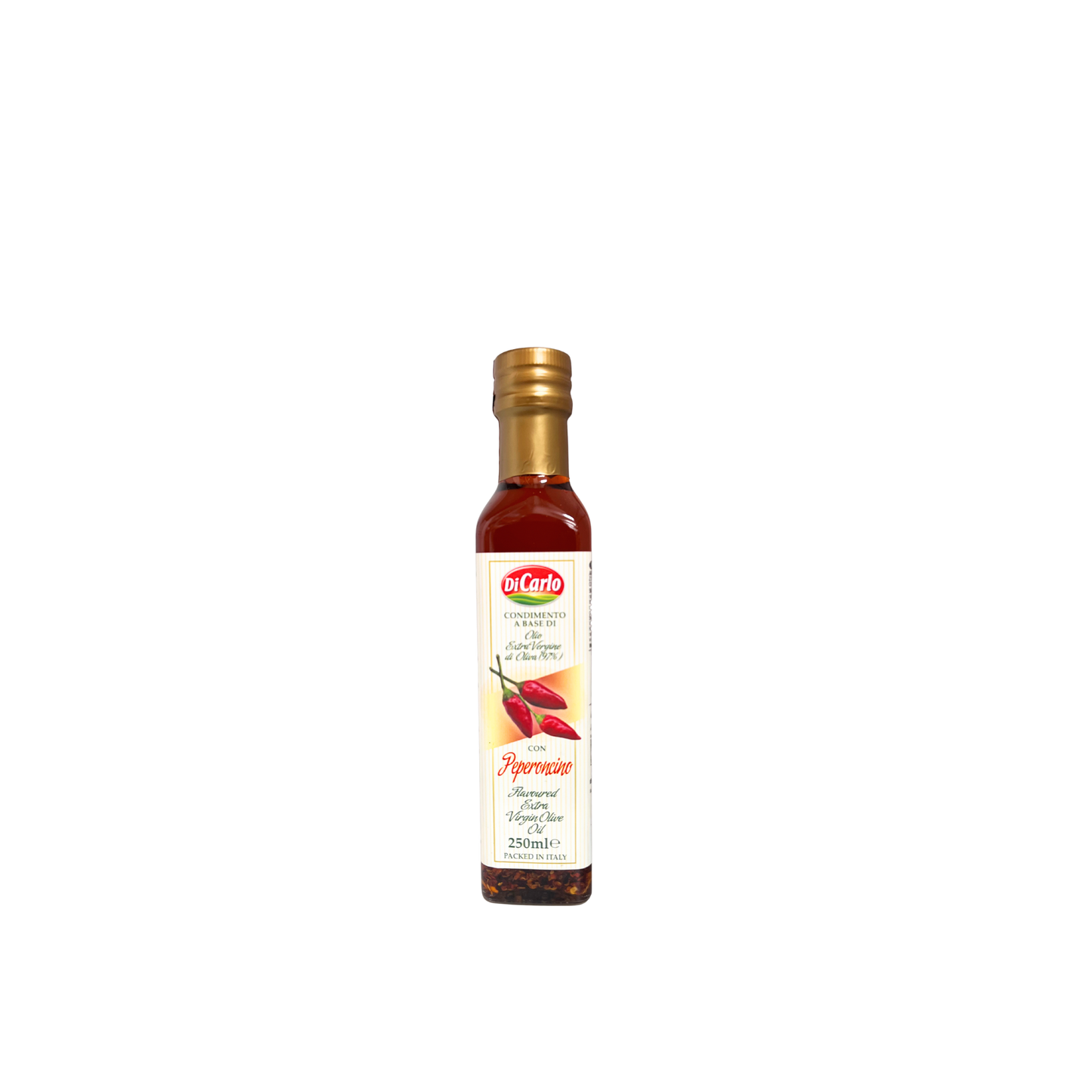 Olio EVO al peperoncino Di Carlo, 250ml: condimento piccante e naturale, perfetto per pasta, pizza, carni e piatti mediterranei. Solo su Essenza Pisterzi.