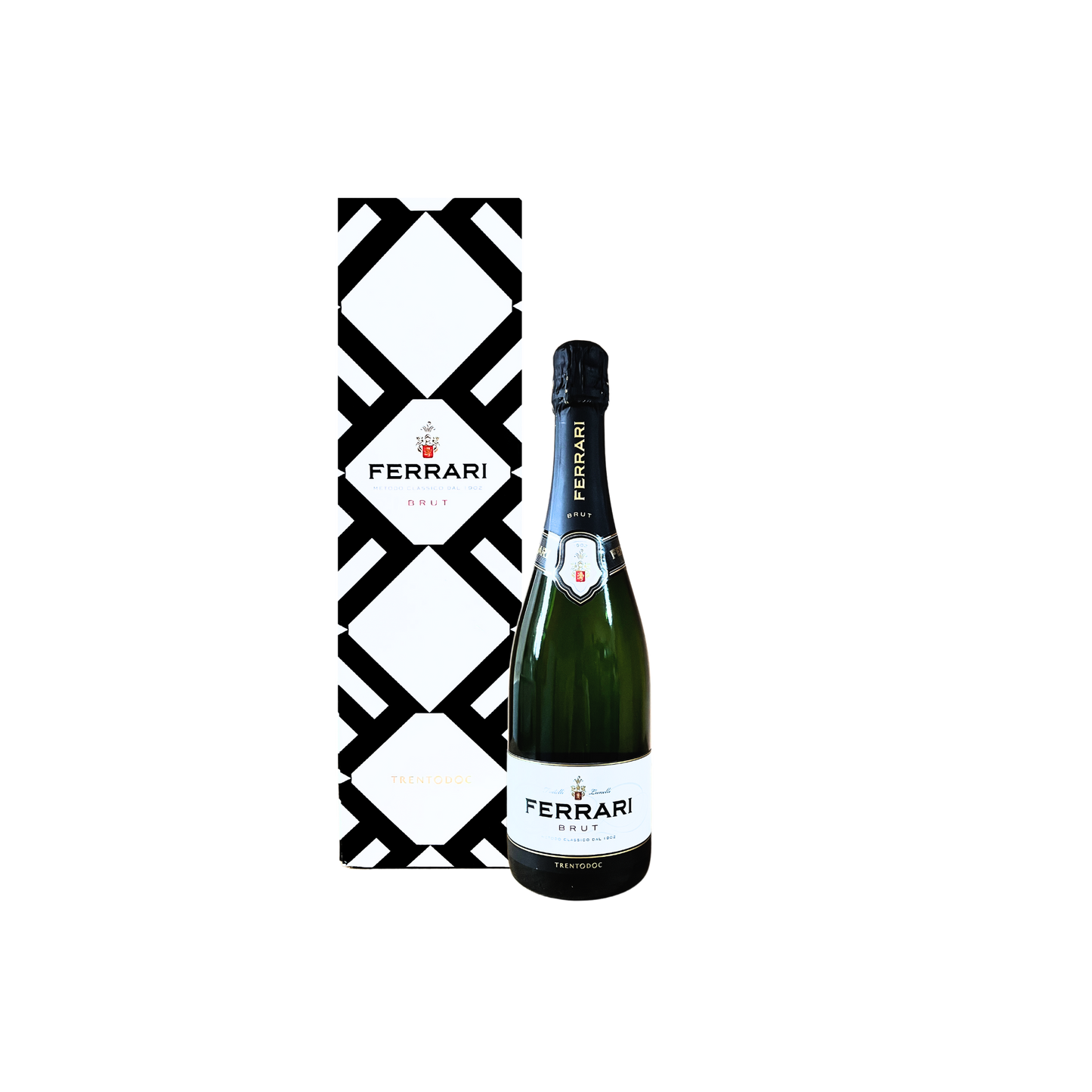 Bottiglia di spumante FERRARI Trento DOC Brut da 75cl, elegante ed etichetta dorata, vino metodo classico italiano.