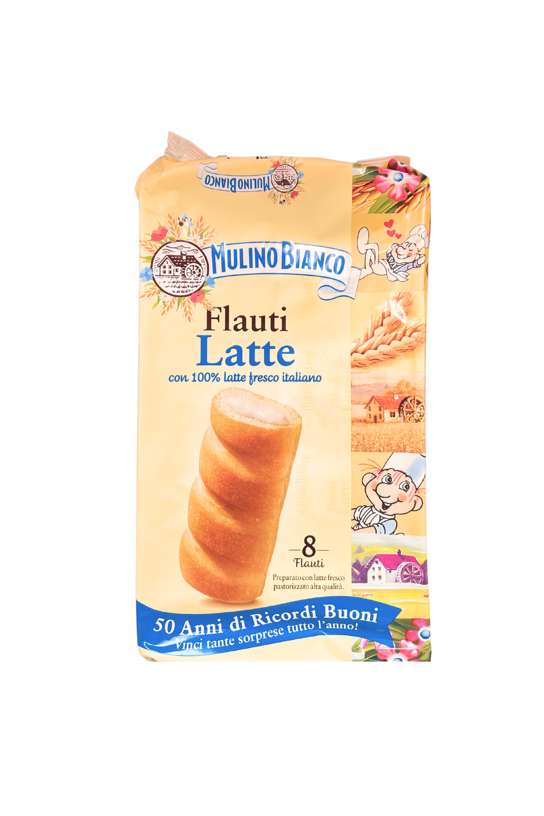 Confezione da 8 Flauti al Latte MULINO BIANCO, merendine soffici con latte, incarto giallo con immagine del prodotto e logo Mulino Bianco.