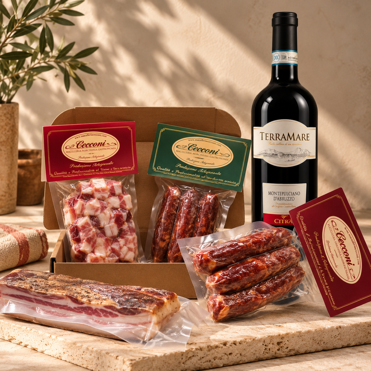 1. Box degustazione salumi ciociari e vino rosso con 5 prodotti italiani