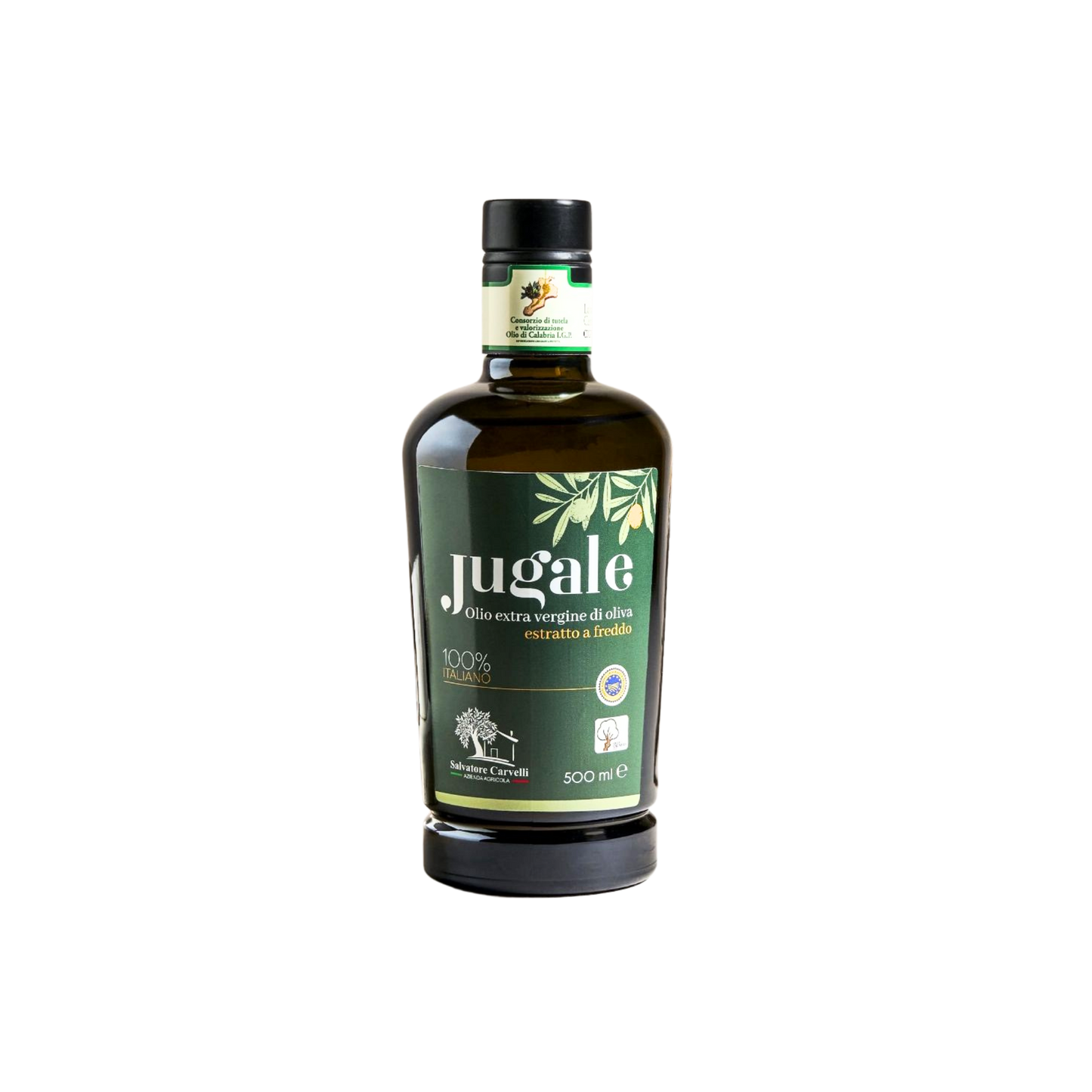 Bottiglia di olio extravergine di oliva JUGALE da 500ml, 100% italiano, prodotto artigianale dell’Azienda Agricola Salvatore Carvelli.