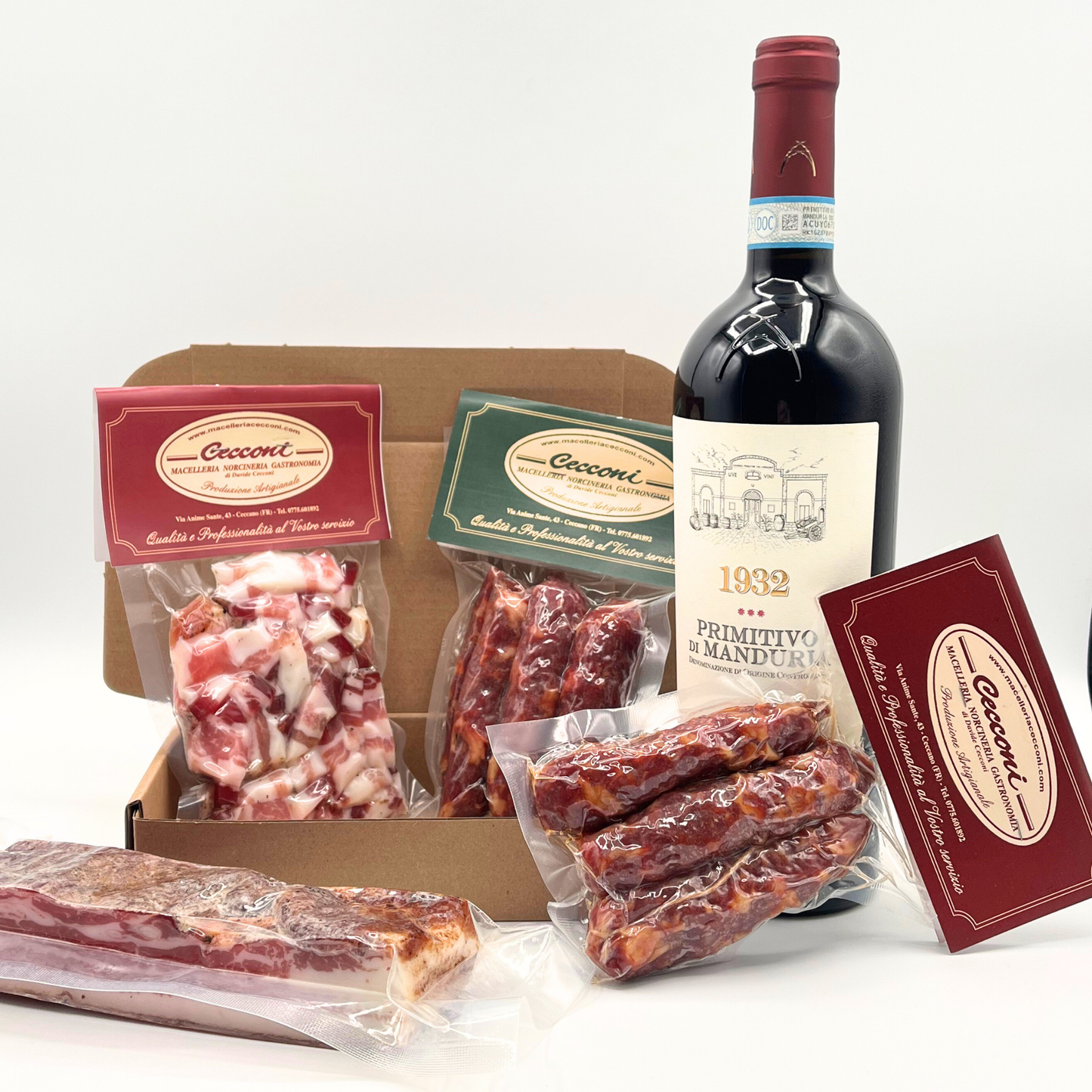 Box Salumi Regalo San Valentino Essenza Pisterzi con salumi artigianali ciociari e vino rosso