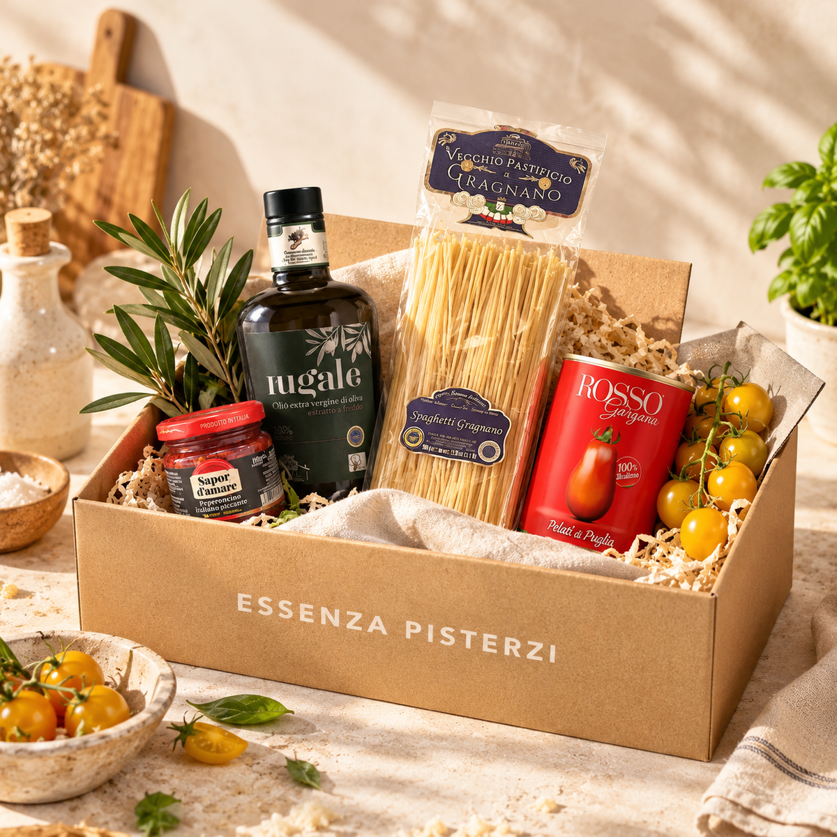 Italian spicy pasta dinner box for four with spaghetti tomatoes olive oil and chilli