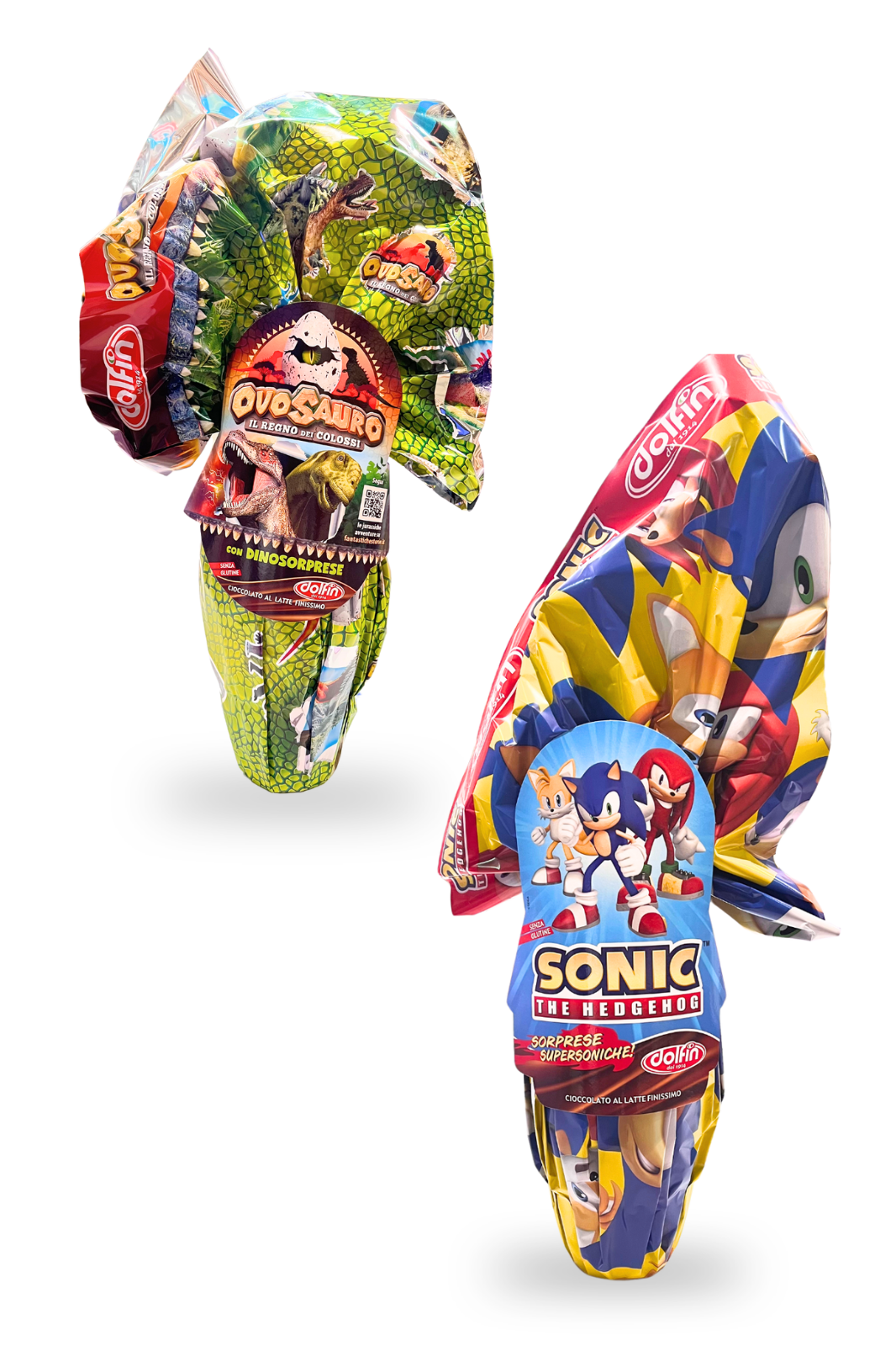 DOLFIN uova di Pasqua Ovosauro e Sonic edizione speciale, set di 2 uova di cioccolato per bambini, regalo Pasqua 2025, confezione promozionale