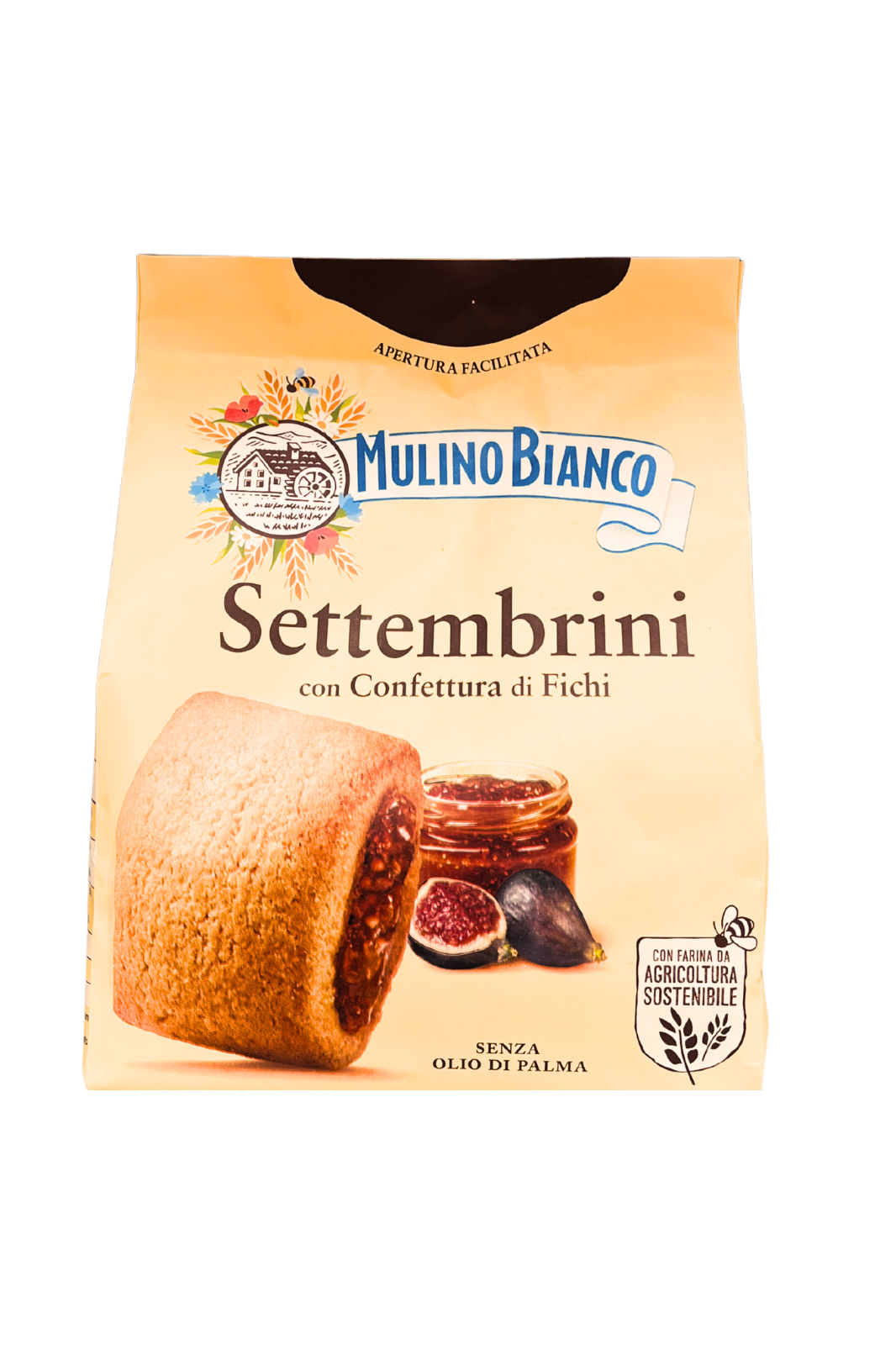 Confezione da 300g di MULINO BIANCO Settembrini, biscotti ripieni con confettura ai fichi, dolcetti italiani ideali per colazione o snack.