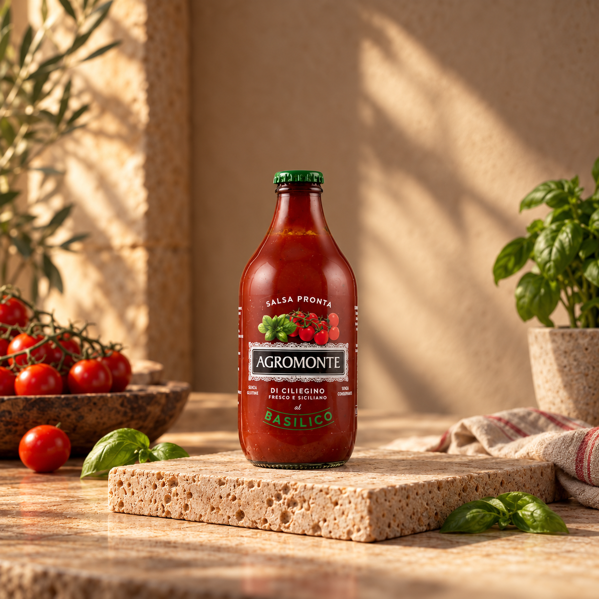 AGROMONTE Salsa pronta di Ciliegino Siciliano al Basilico, 330gr.