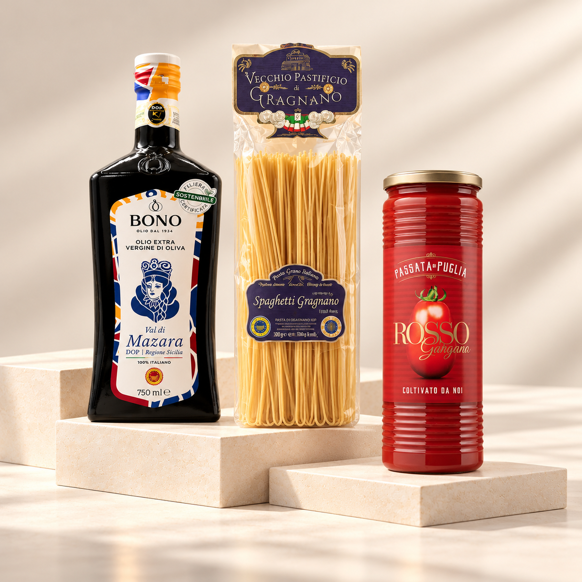 The Italian Everyday Essentials box featuring BONO Val di Mazara DOP extra virgin olive oil 750ml, Gragnano IGP spaghetti 500g and Rosso Gargano tomato passata