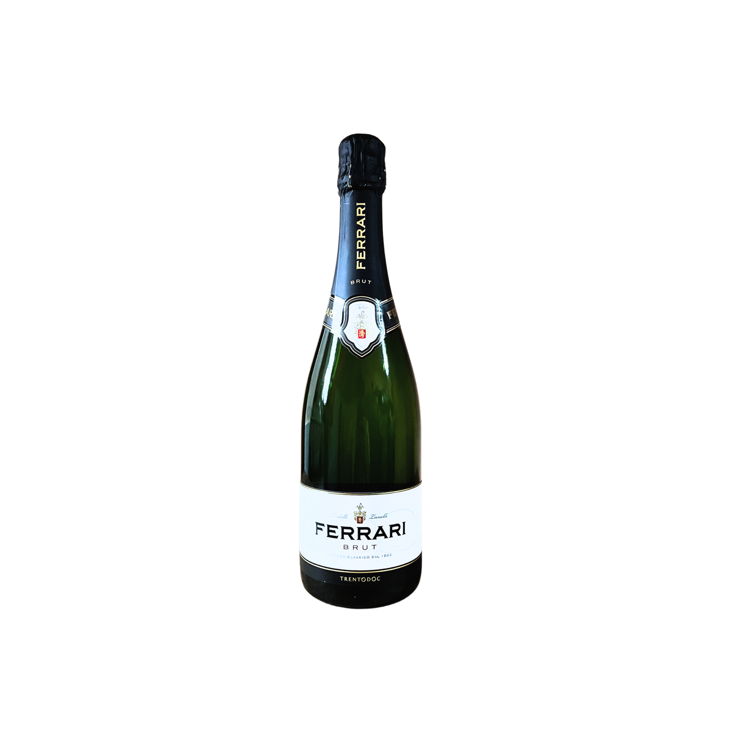 Bottiglia di spumante FERRARI Trento DOC Brut da 75cl, elegante ed etichetta dorata, vino metodo classico italiano.