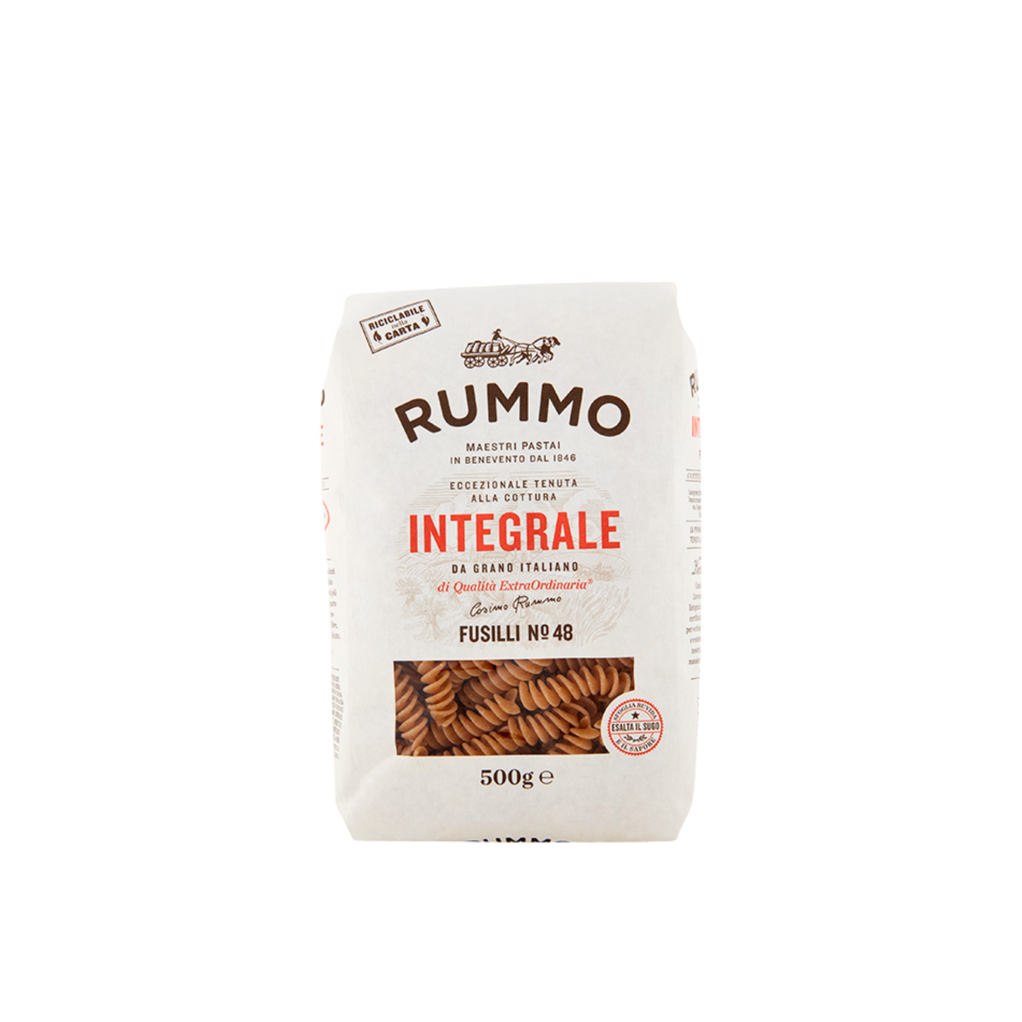 Confezione da 500g di Fusilli Integrali Rummo – pasta integrale trafilata al bronzo