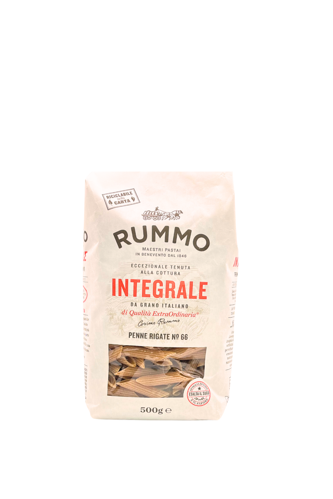 Confezione da 500g di Penne Rigate Integrali Rummo – pasta integrale trafilata al bronzo