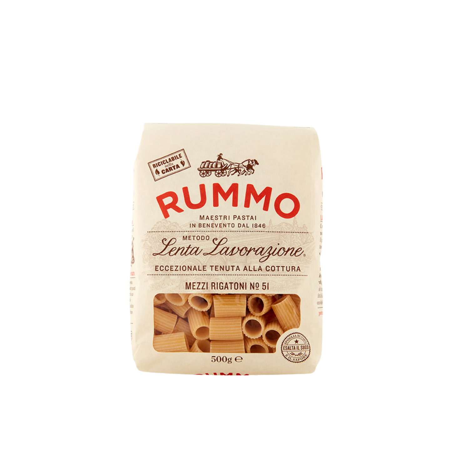 Confezione da 500g di Mezzi Rigatoni Rummo – pasta corta artigianale trafilata al bronzo