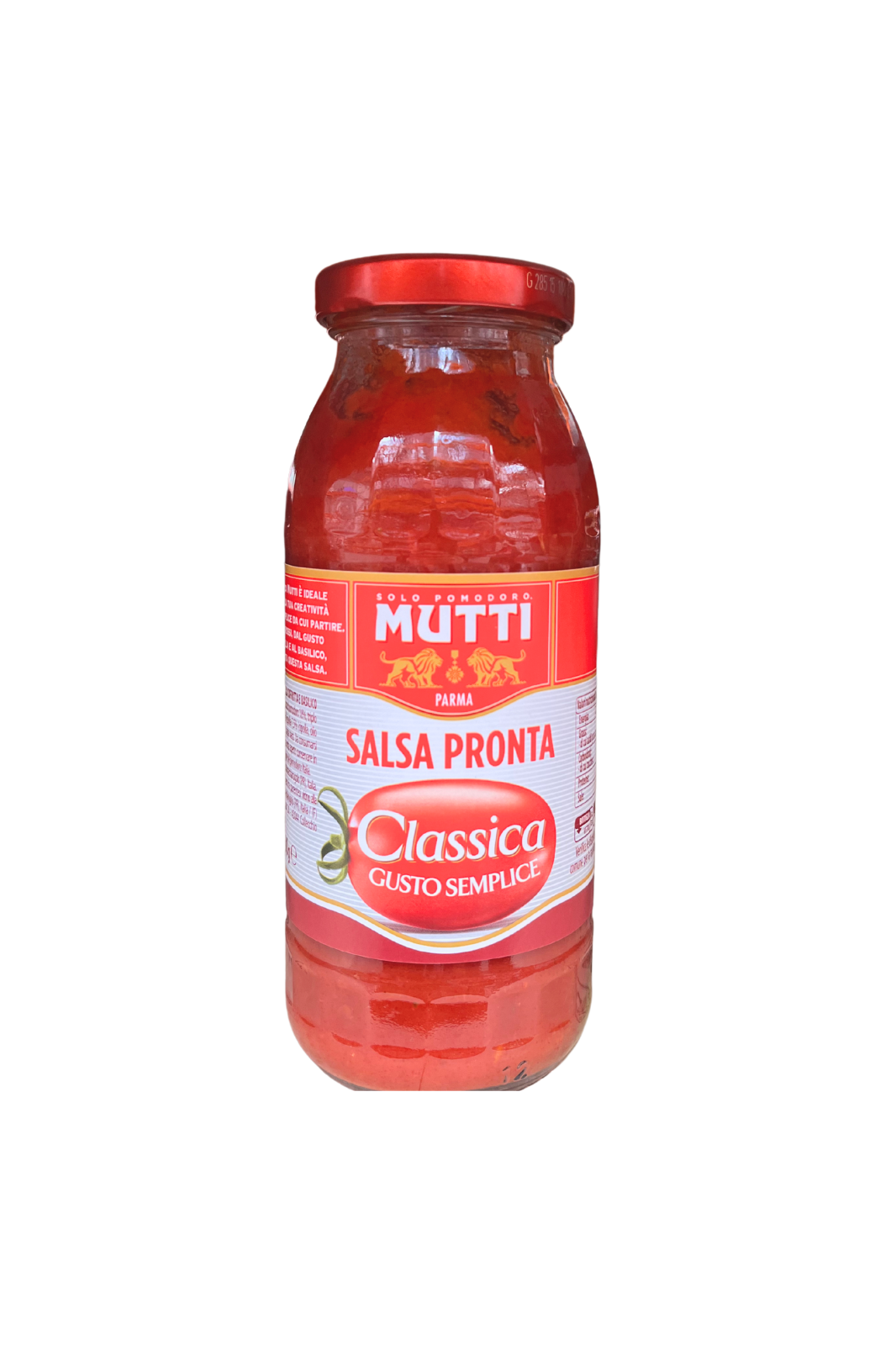 Vasetto di MUTTI Salsa di Pomodoro Pronta Classica da 300 grammi, gusto semplice, confezione rossa con etichetta dorata.