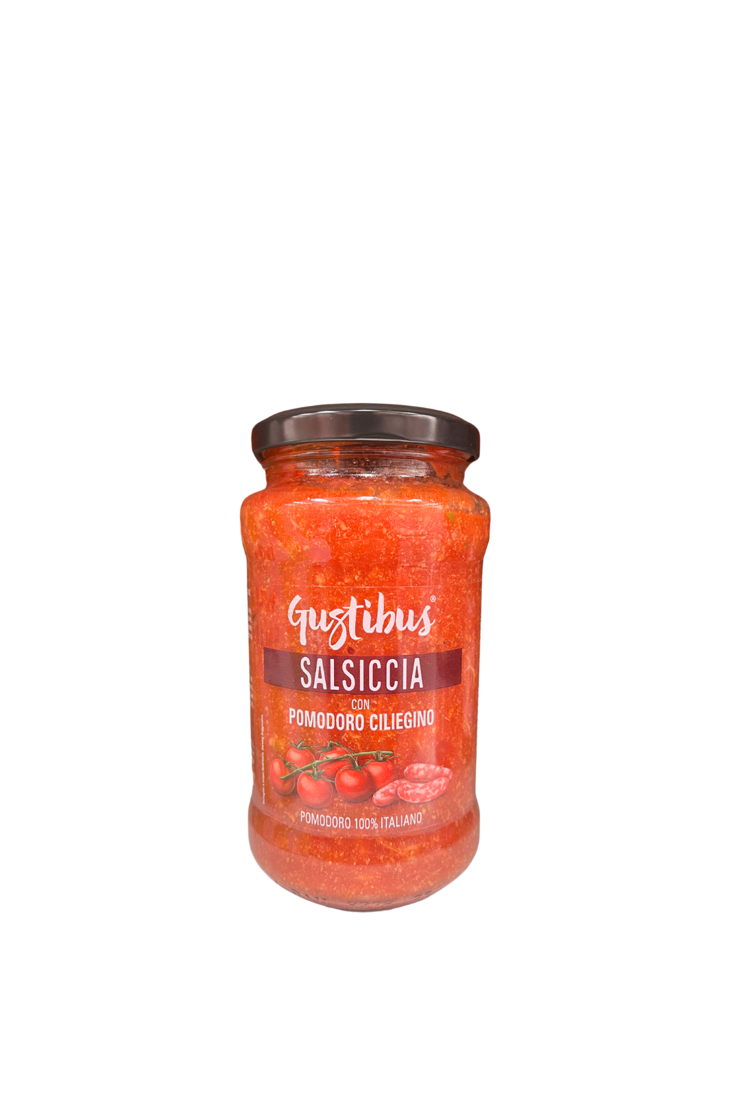 Barattolo da 400g di sugo Gustibus alla salsiccia con pomodoro ciliegino – disponibile su Essenza Pisterzi