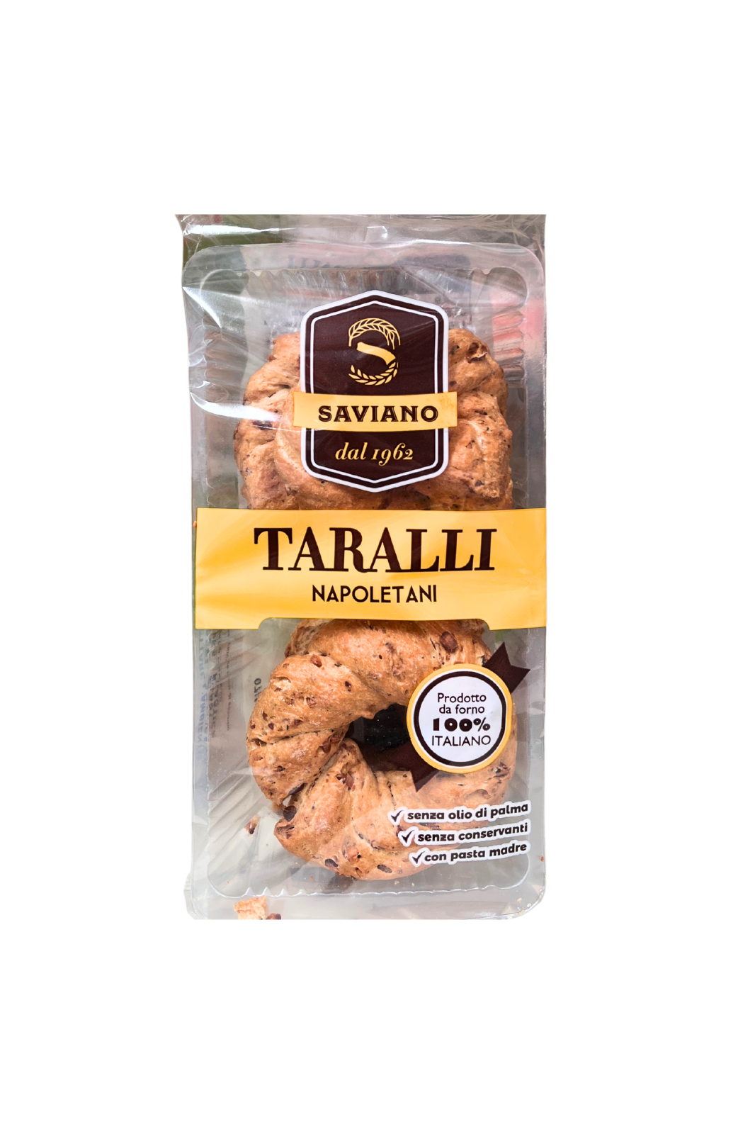 Confezione da 160g di SAVIANO Taralli Napoletani, snack salato 100% italiano, taralli dorati e croccanti visibili nella busta trasparente. aperitivo Italiano
