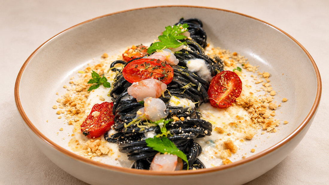 Italian Squid Ink Spaghetti with Shrimp | Essenza Pisterzi