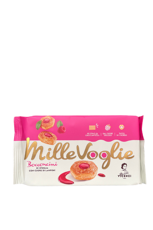 Confezione da 100g di Millevoglie MATILDE VICENZI, bocconcini di sfoglia con cuore di lamponi, dolcetti in incarto elegante con logo Vicenzi.