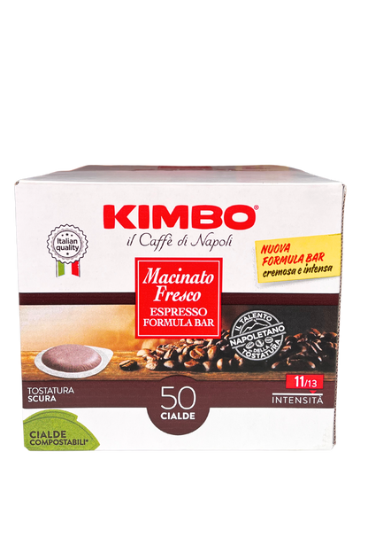 Confezione da 50 cialde KIMBO Il Caffè di Napoli, espresso macinato fresco in cialde compatibili, gusto intenso, stile bar.