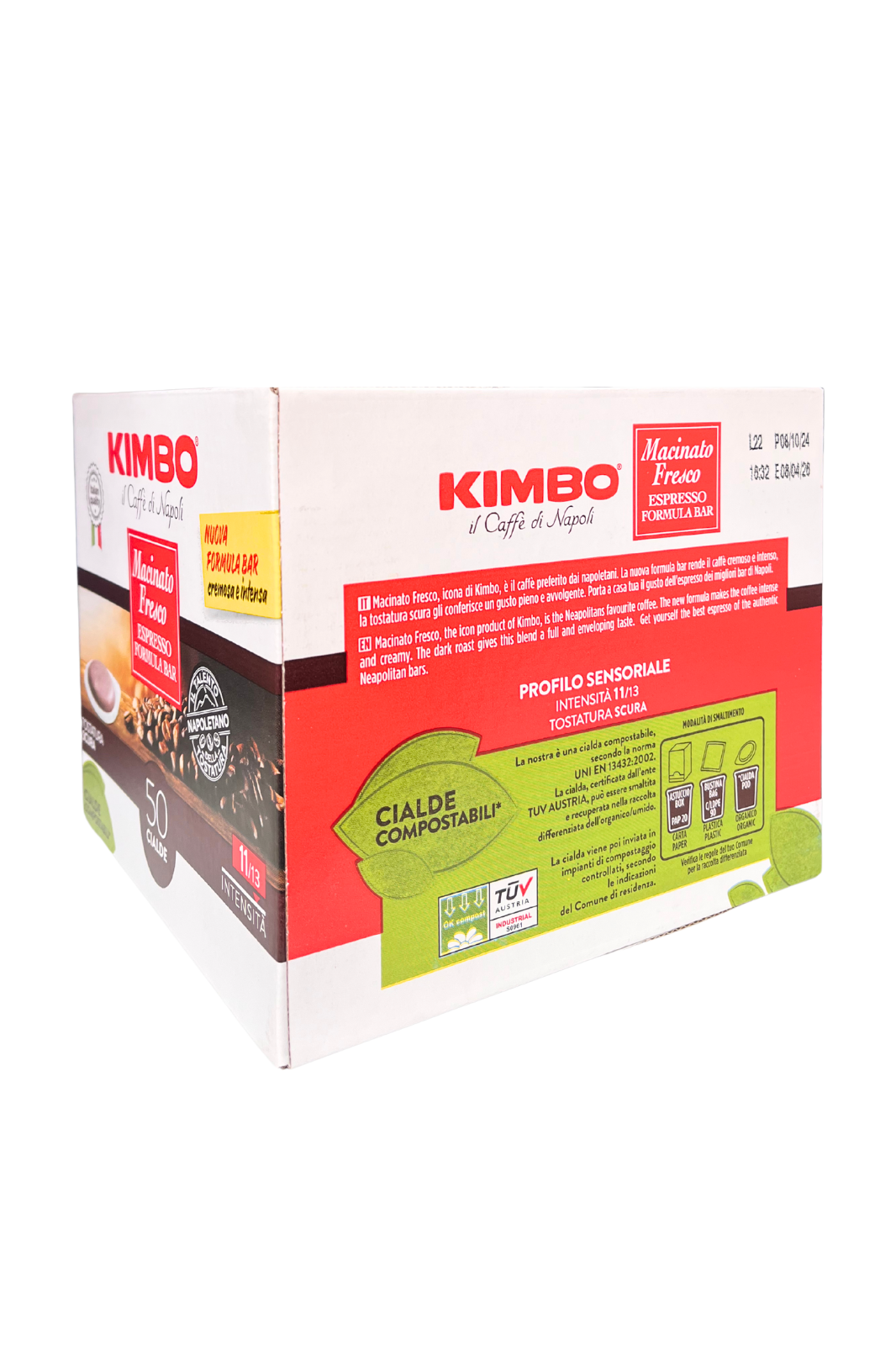 Confezione da 50 cialde KIMBO Il Caffè di Napoli, espresso macinato fresco in cialde compatibili, gusto intenso, stile bar.