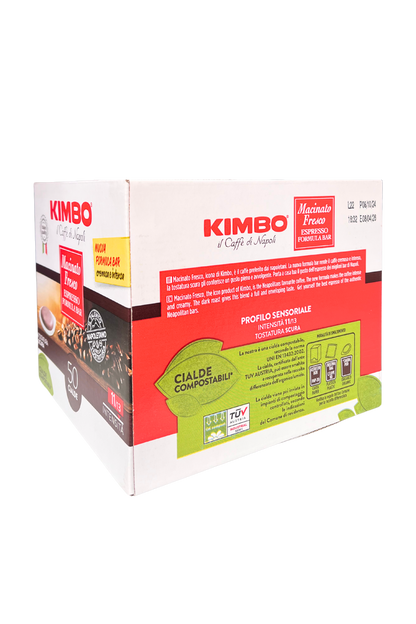 Confezione da 50 cialde KIMBO Il Caffè di Napoli, espresso macinato fresco in cialde compatibili, gusto intenso, stile bar.