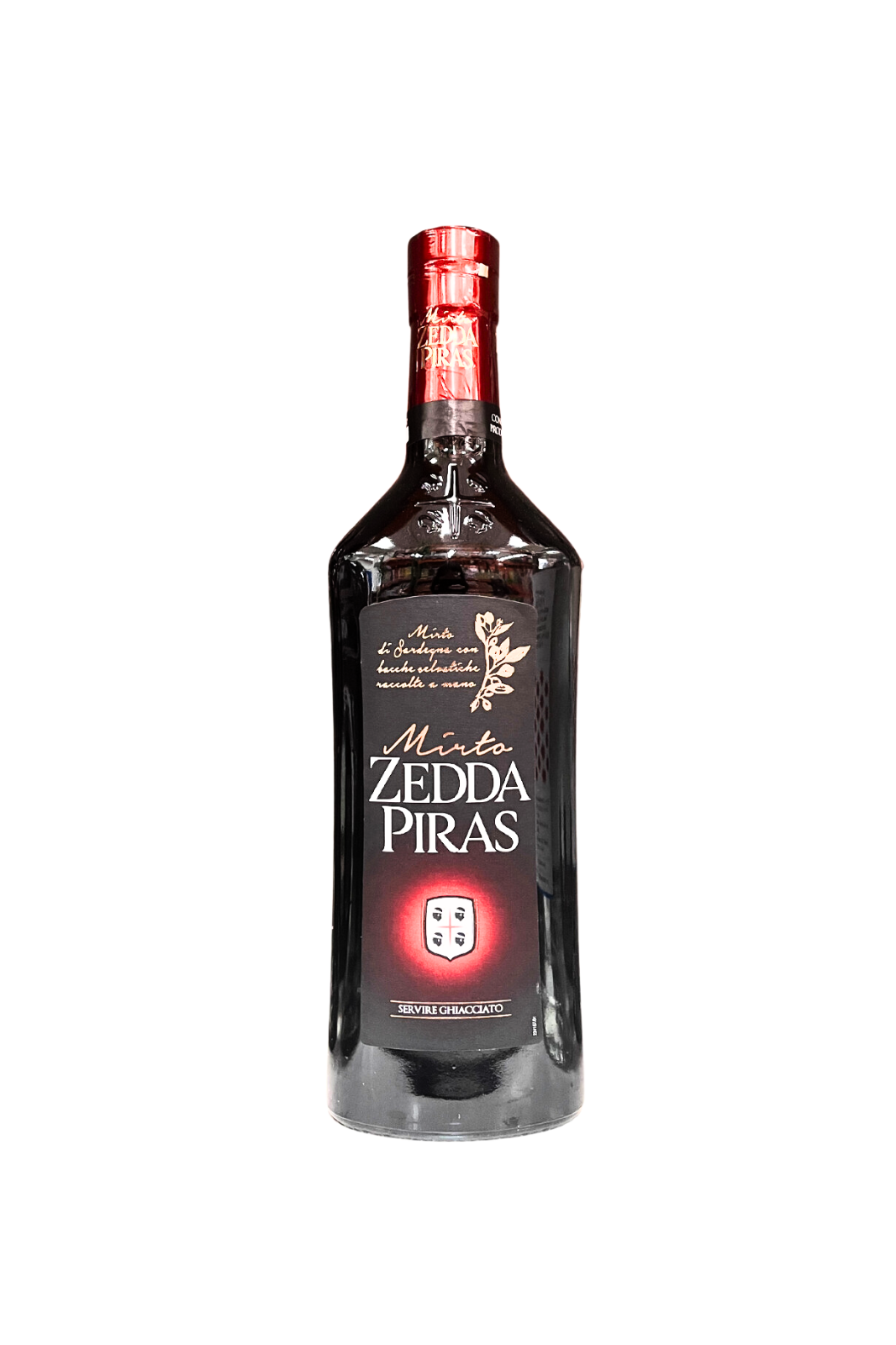 Bottiglia da 70 cl di Zedda Piras Liquore di Mirto Rosso, liquore tradizionale sardo in vendita su ESSENZA PISTERZI.