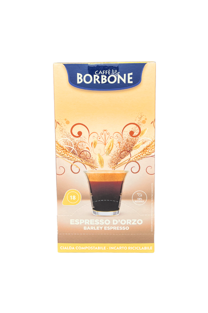 Confezione da 18 cialde BORBONE Espresso d’Orzo, compatibili con sistema ESE, incarto marrone, bevanda senza caffeina dal gusto tostato.