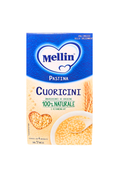 Confezione da 320g di MELLIN Cuoricini, pastina finissima per bambini dai primi mesi, ideale per lo svezzamento, scatola blu con logo Mellin.