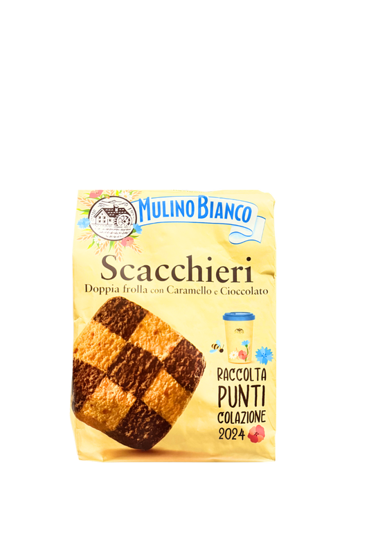 Mulino Bianco Scacchieri, doppia frolla con caramello e cioccolato.  300g