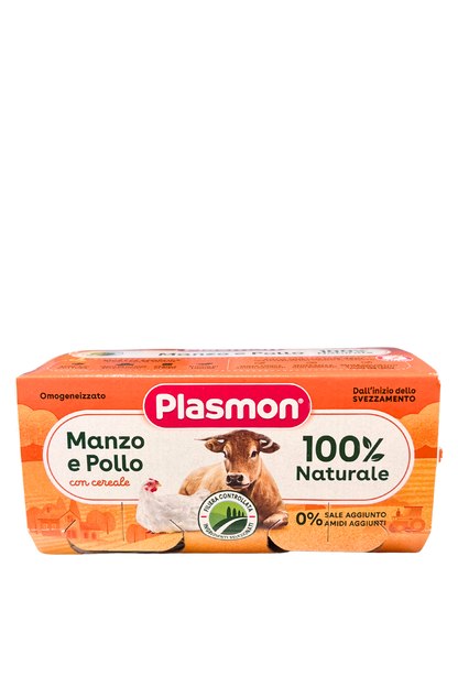 Confezione PLASMON da 2 vasetti (2x80g) di Omogeneizzato Pollo e Manzo con cereale, omogeneizzato per neonati, etichetta arancione.