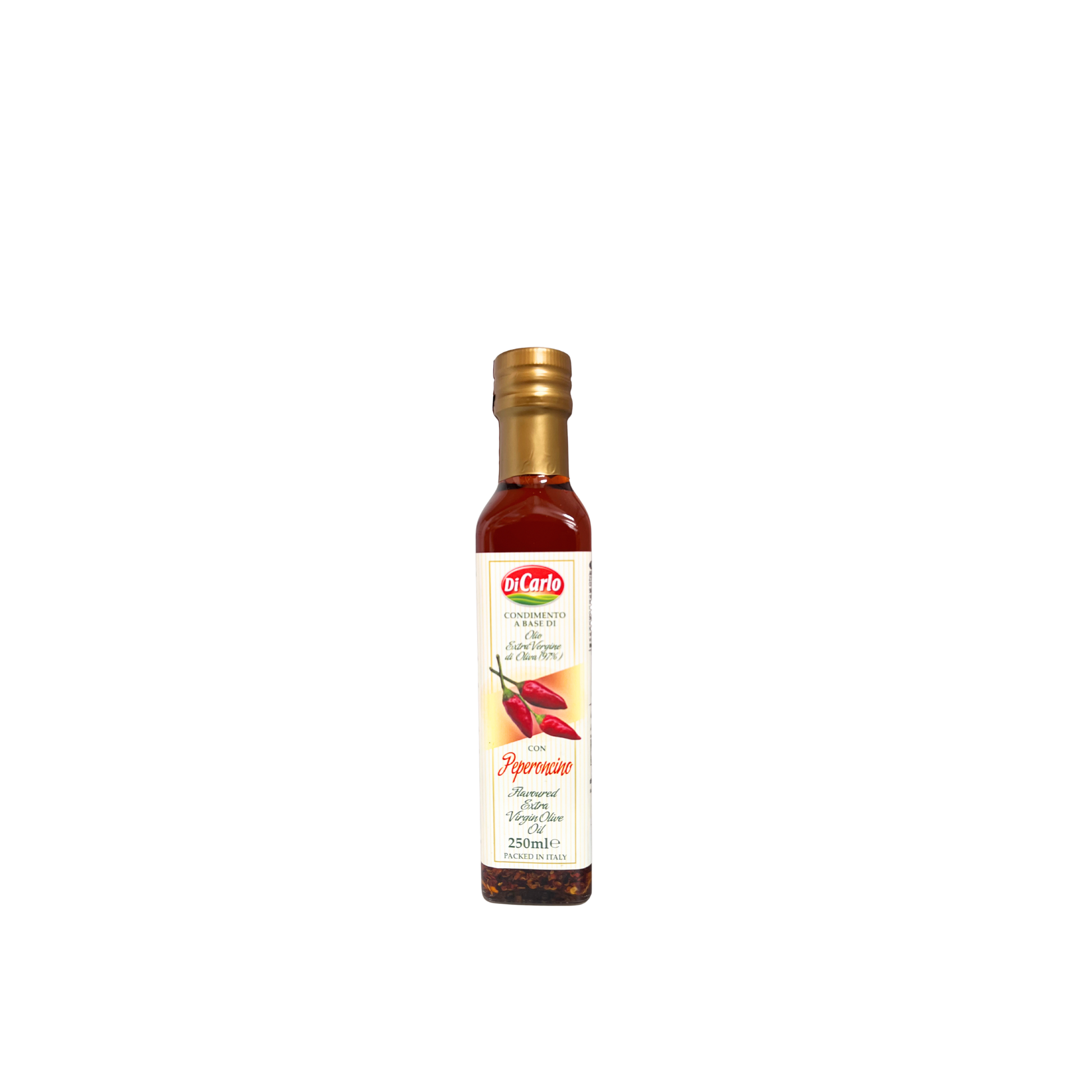 Olio EVO al peperoncino Di Carlo, 250ml: condimento piccante e naturale, perfetto per pasta, pizza, carni e piatti mediterranei. Solo su Essenza Pisterzi.