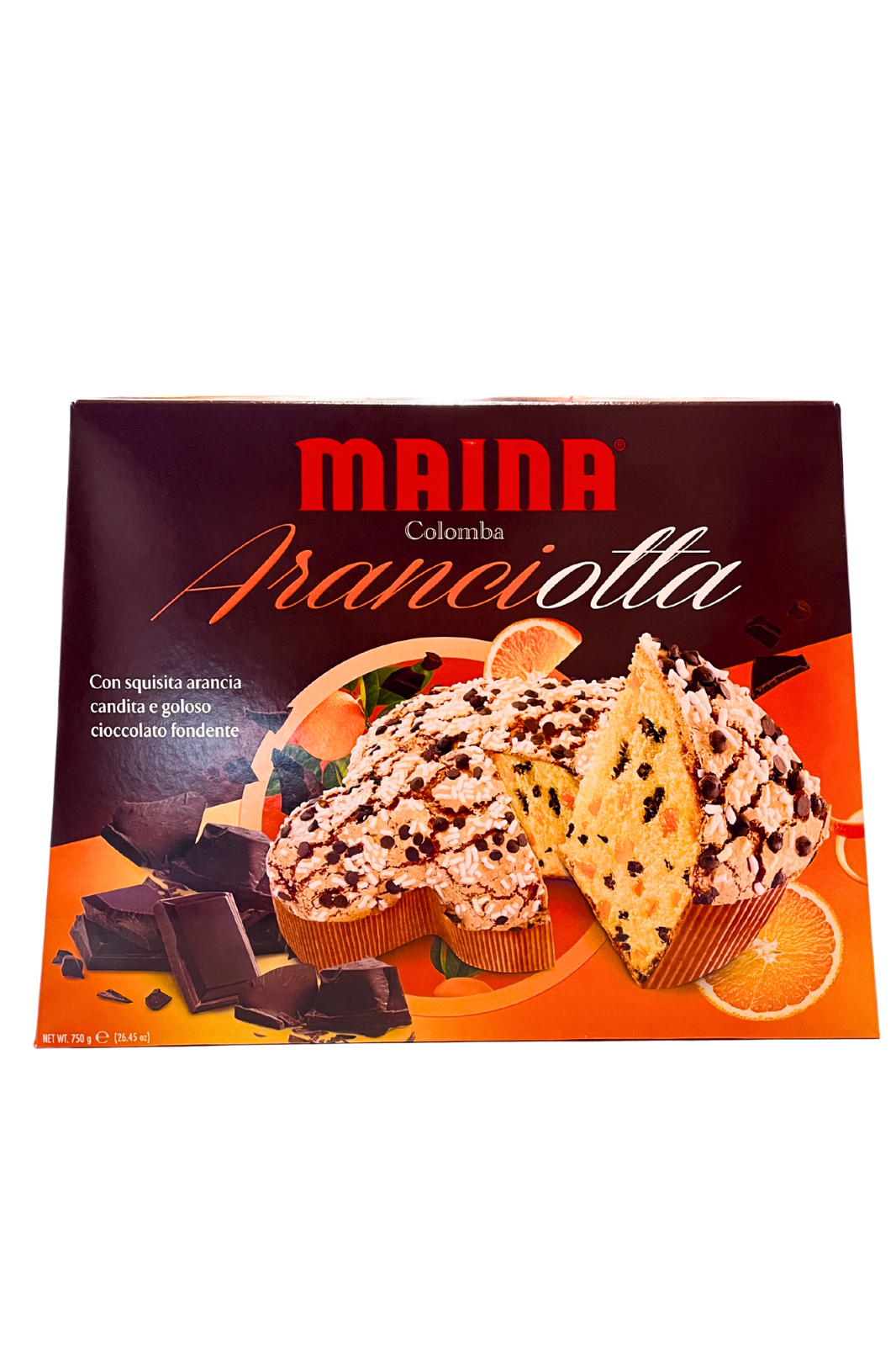 colomba MAINA Aranciotta 750gr, dolce pasquale con arancia candita e cioccolato fondente, soffice e ricca di sapori intensi, ideale per una Pasqua gourmet