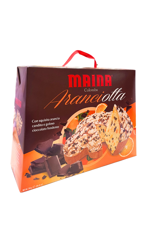 Colomba MAINA Aranciotta 750gr, dolce pasquale con arancia candita e cioccolato fondente, soffice e ricca di sapori intensi, ideale per una Pasqua gourmet