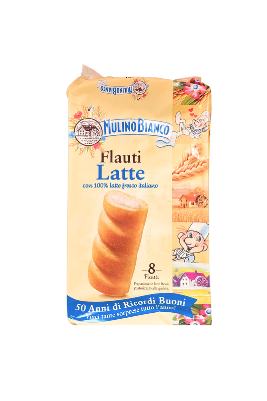 Confezione da 8 Flauti al Latte MULINO BIANCO, merendine soffici con latte, incarto giallo con immagine del prodotto e logo Mulino Bianco.