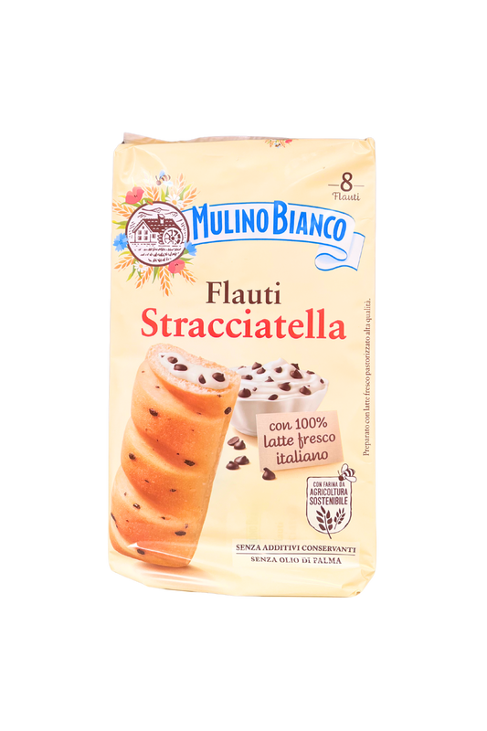 Confezione da 8 Flauti Stracciatella MULINO BIANCO, merendine farcite con crema al latte e gocce di cioccolato,  logo Mulino Bianco.