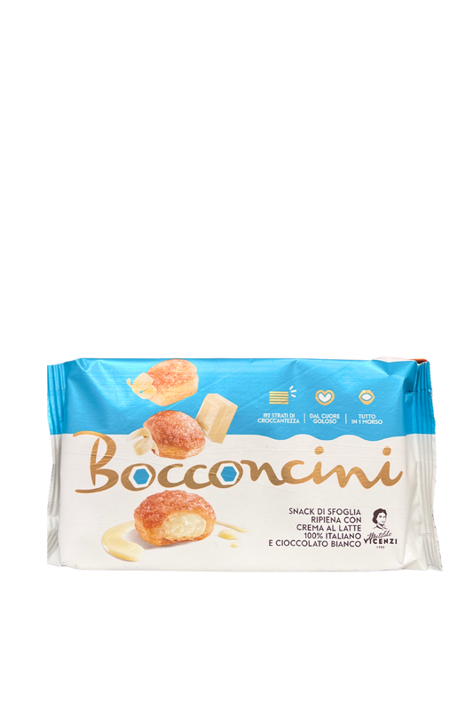 Confezione da 100g di Bocconcini MATILDE VICENZI ripieni con crema al latte e cioccolato bianco, dolcetti in incarto elegante con logo Vicenzi.