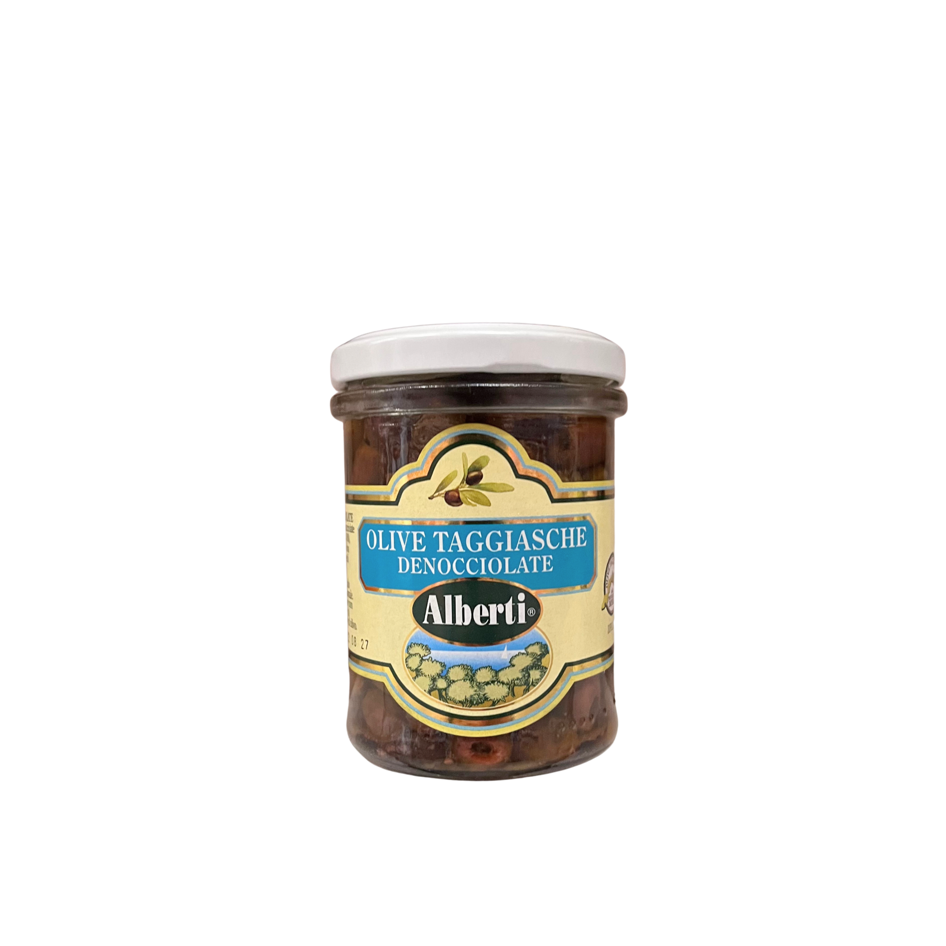 ALBERTI Olive Taggiasche Denocciolate 170g – Vasetto frontale Essenza Pisterzi