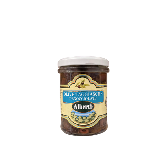 ALBERTI Olive Taggiasche Denocciolate 170g – Vasetto frontale Essenza Pisterzi