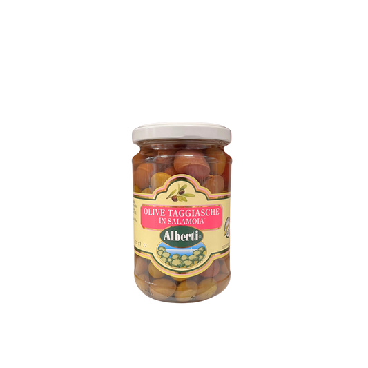 “ALBERTI Olive Taggiasche in Salamoia 290g – Vasetto frontale Essenza Pisterzi”
