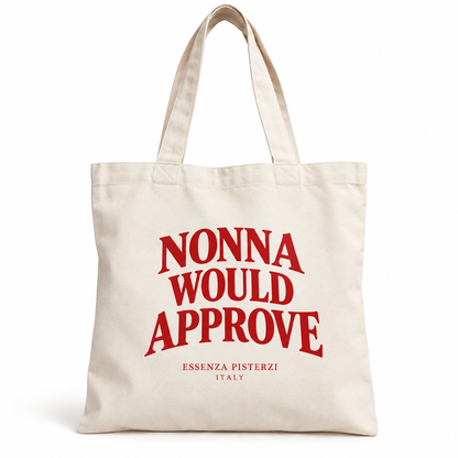 Discover the Nonna Would Approve Tote Bag by Essenza Pisterzi. Vintage Italian-inspired design for pasta lovers, everyday shopping and La Dolce Vita.