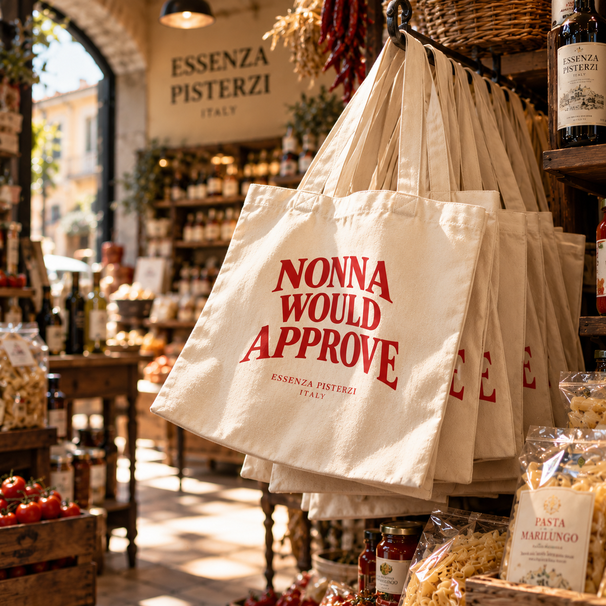 Nonna Would Approve Italian tote bag with red vintage typography by Essenza Pisterzi, displayed in an Italian gourmet shop.