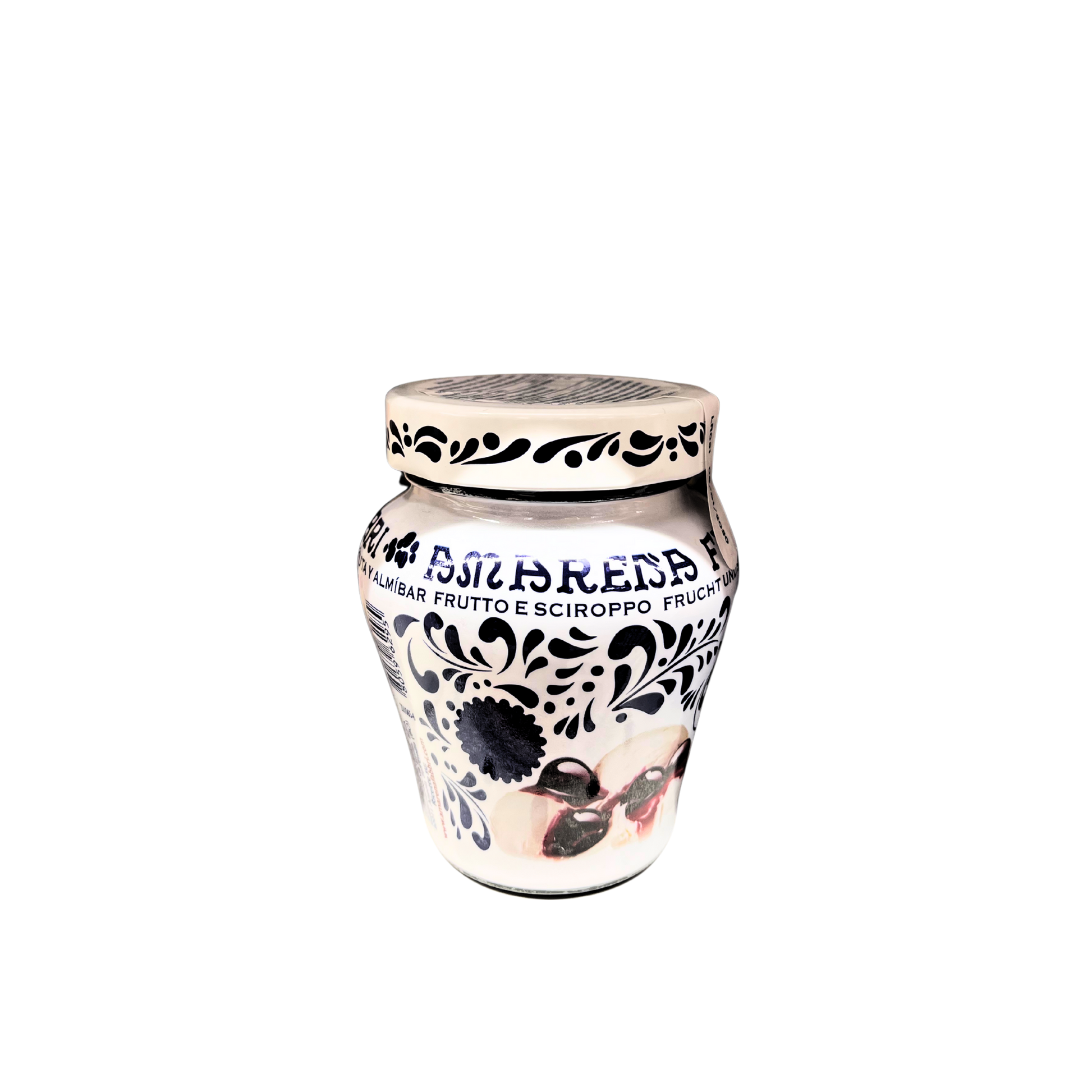 Vaso da 230 grammi di Amarena Fabbri in sciroppo, classico barattolo bianco e blu con ciliegie sciroppate italiane.
